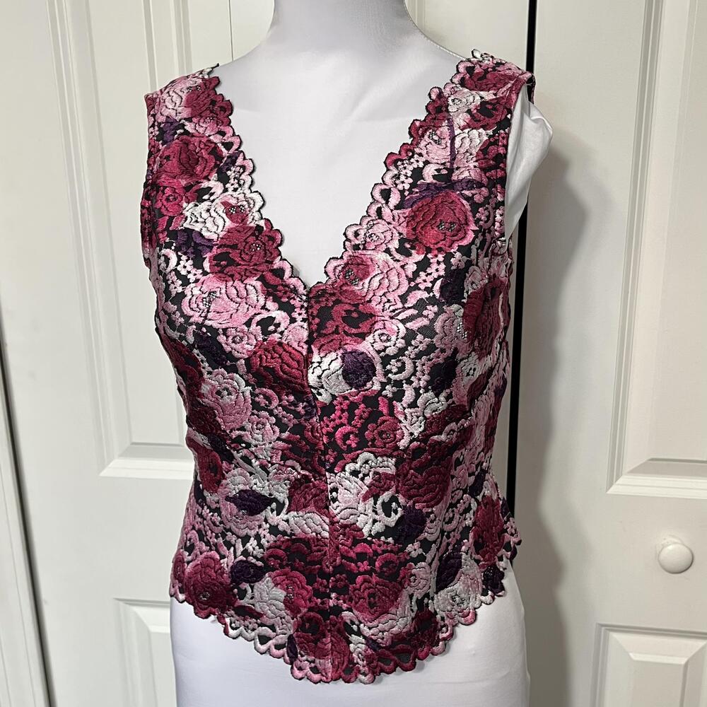 Cache Tank Top Womens Medium Pink Floral Lace V Neck Camisole Party Cocktail